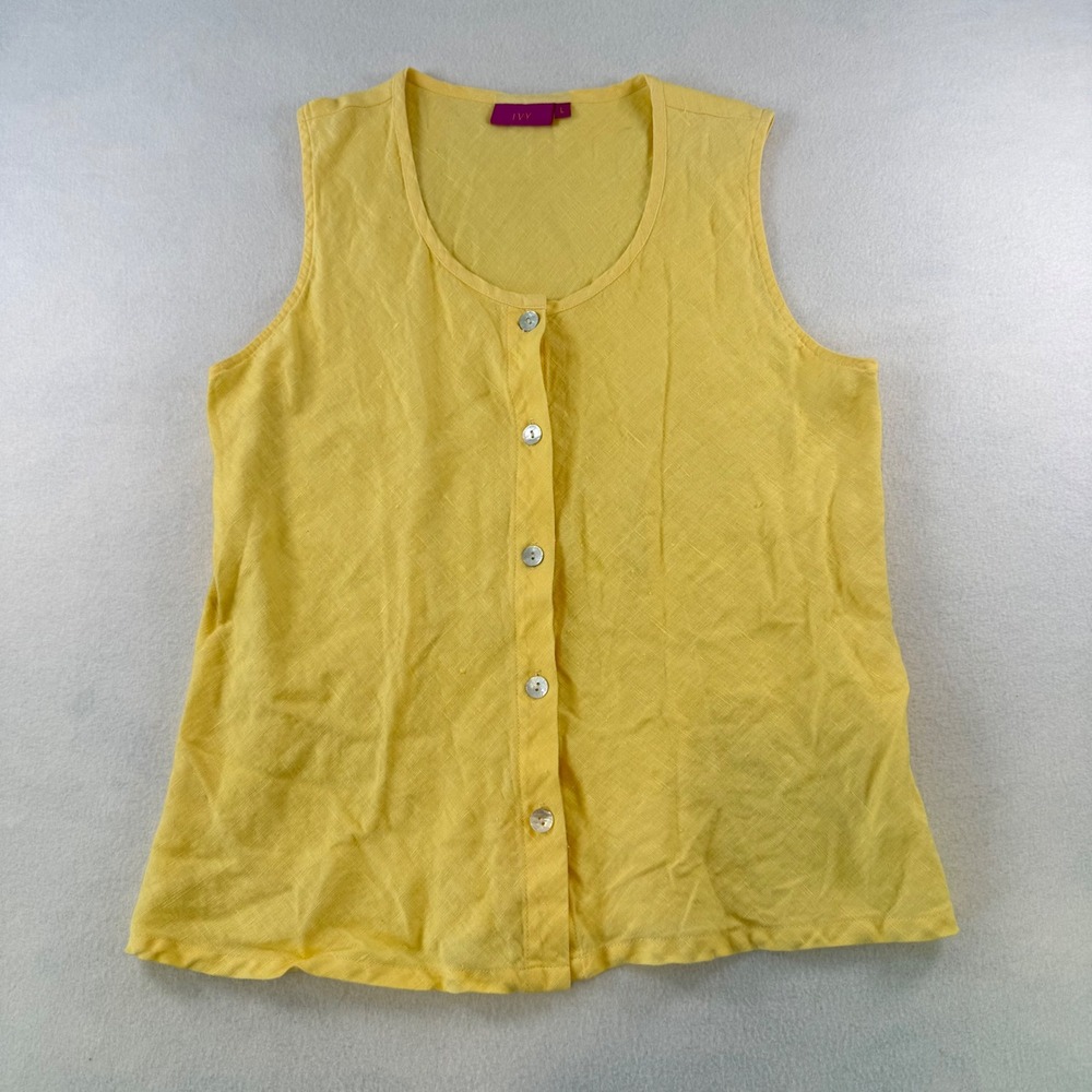 IVY Womens Yellow 100% Linen Button Up Sleeveless Shell Top Blouse Size L USA